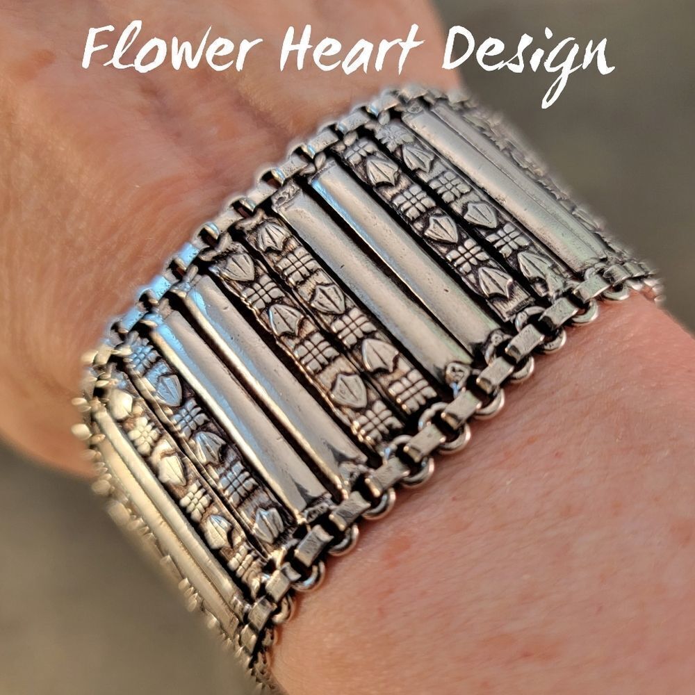 Artisan Sterling Rajasthani Wide Decorative Heart Flower Embossed Link Bracelet